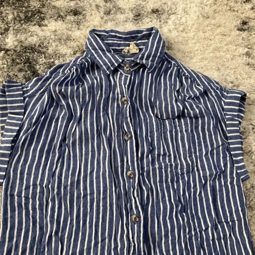 Striped Button Down Shirt Short Sleeve Casual Top  Blue White‎